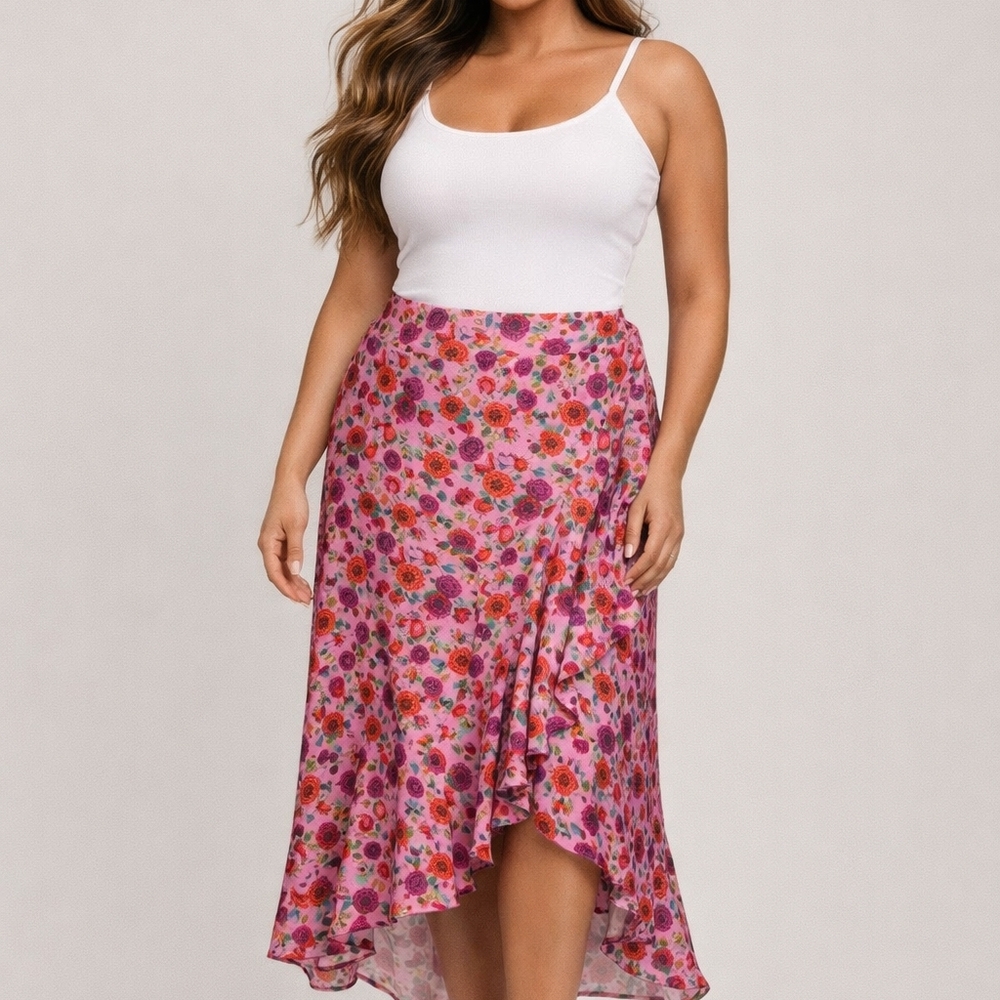 Summersalt Pink Floral A-Line Midi Skirt Silky
